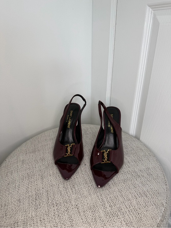 Saint Laurent Shoes - Saint Laurent Burgundy Patent Leather Pointed Slingback Heels with Gold YSL